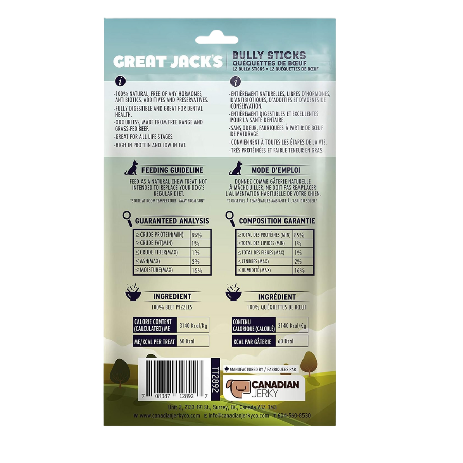 Great Jack's Dog Canadian Bully Sticks 5" to 7" - 12 Pack