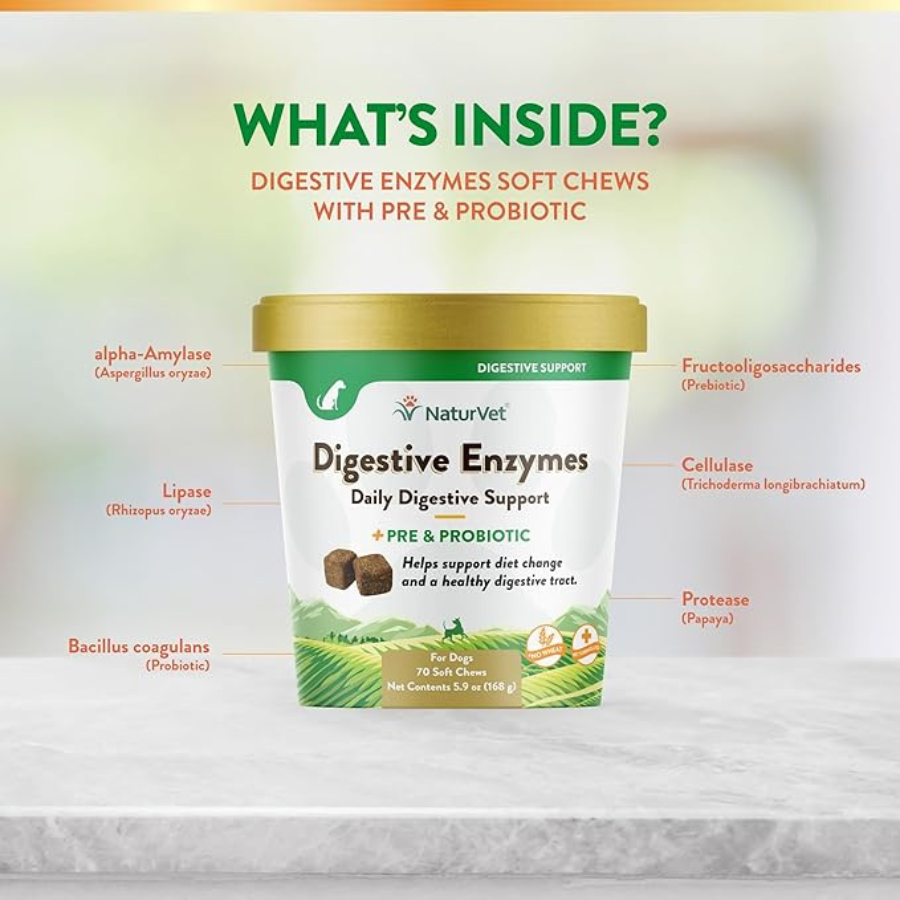 NaturVet Digestive Enzymes With Prebiotics and Probiotic - 70 Soft Chews