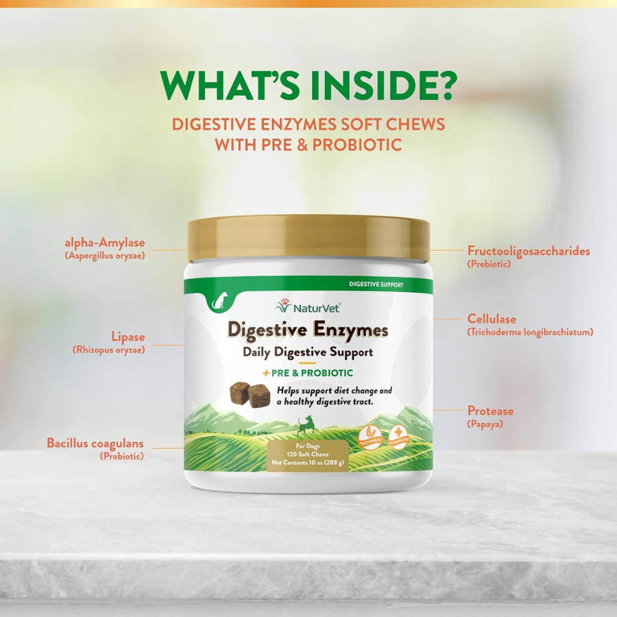NaturVet Digestive Enzymes With Prebiotics and Probiotic - 120 Soft Chews