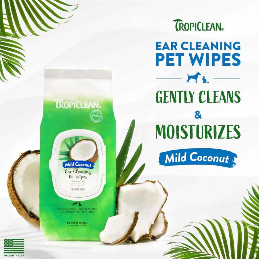 TropiClean Ear Cleaning Wipes Mild Coconut - 50 Pack