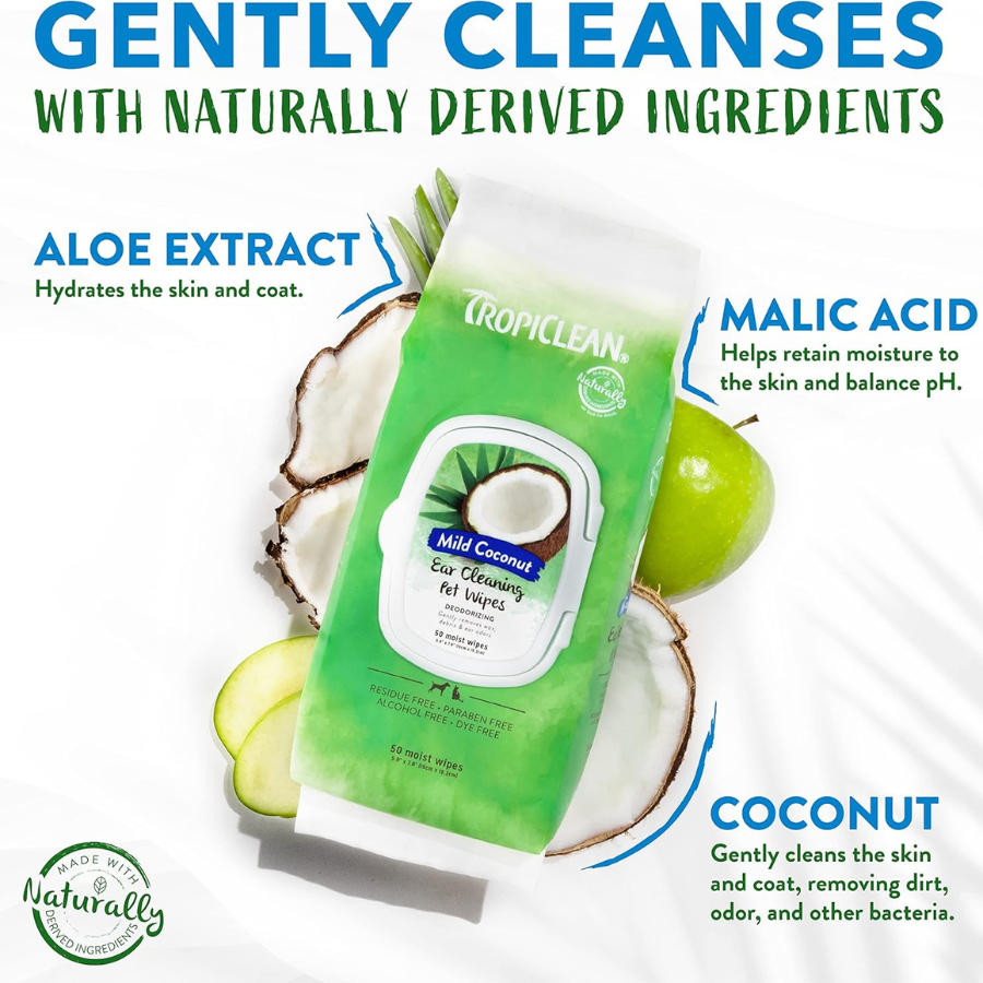 TropiClean Ear Cleaning Wipes Mild Coconut - 50 Pack