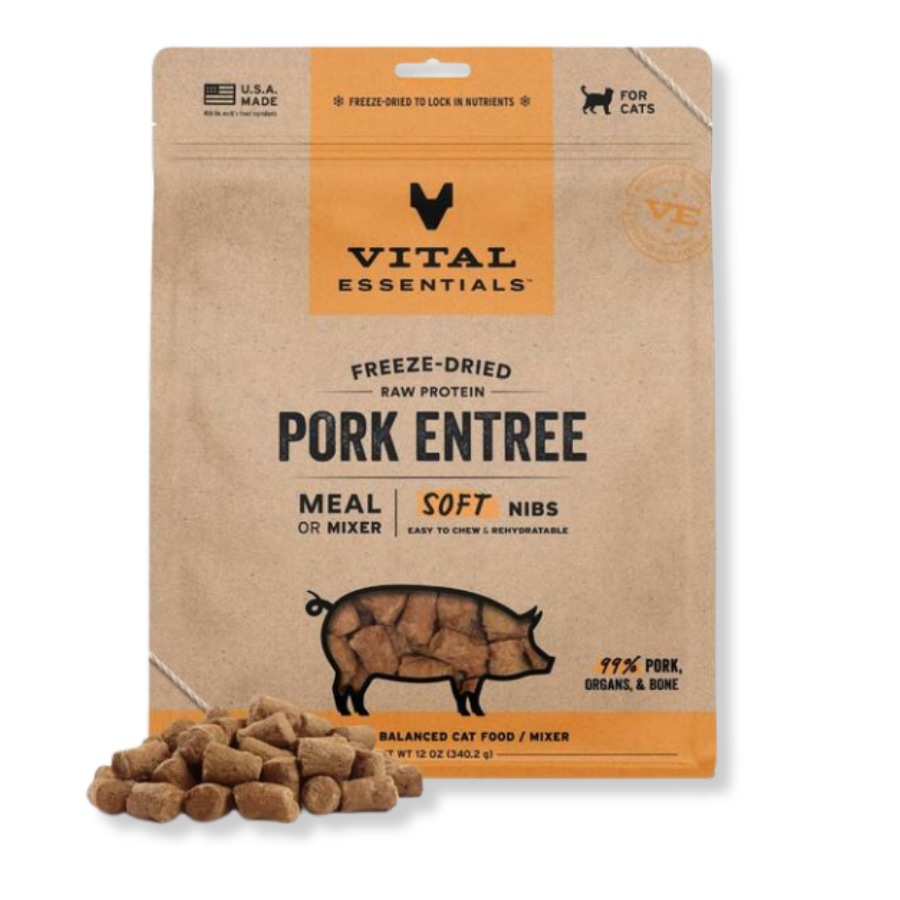 Vital Essentials Freeze-Dried Raw Pork Entrée for Cats - Soft Nibs - 12 oz