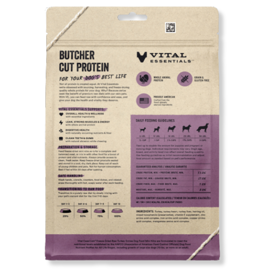 Vital Essentials Freeze-Dried Raw Turkey Entrée for Dogs - Mini NIbs - 14 oz